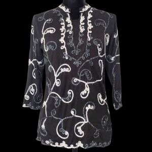 Christopher & Banks Women's Black Silver White Embroidered Top 3/4 Sleeve Size S